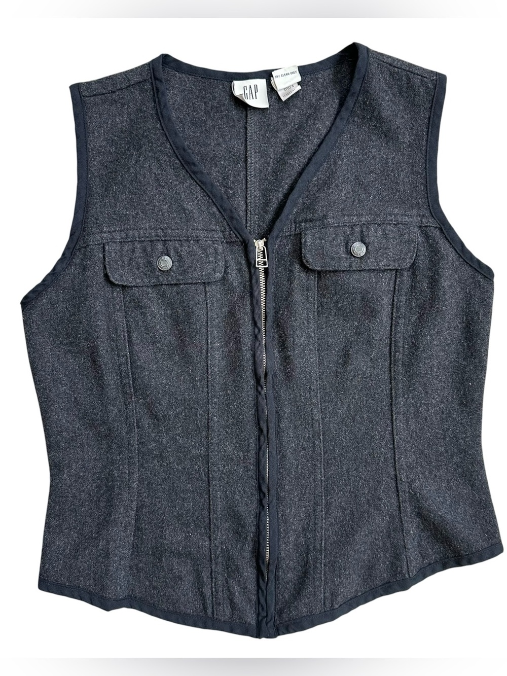 Vintage 90s Y2K Gap Dark Gray Black Trim Wool Blend Zip Up Vest Size Medium